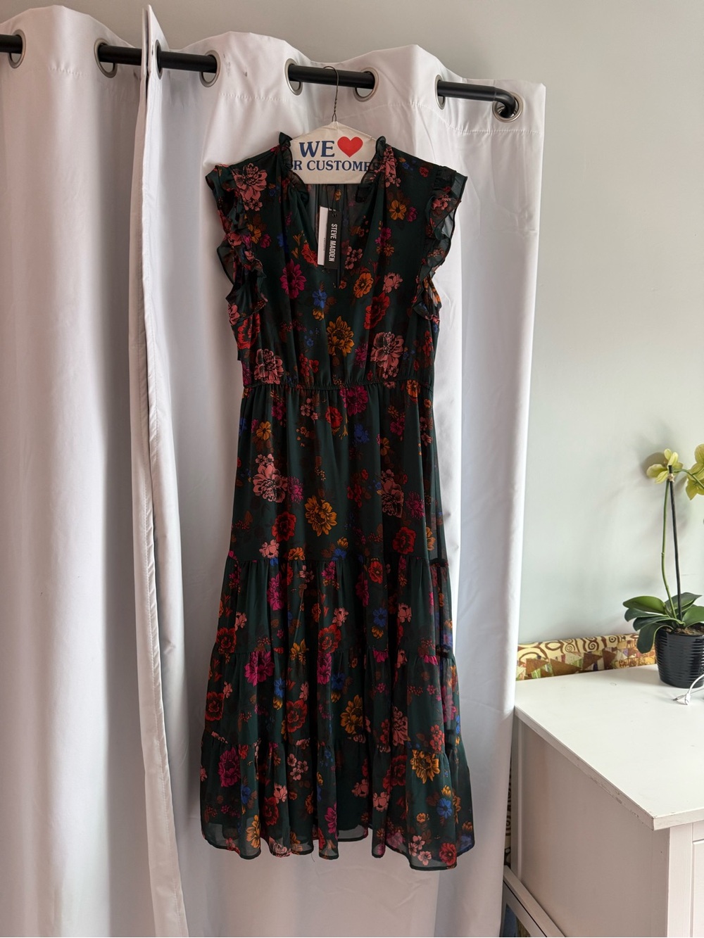 Steve Madden Dark Green Floral Ruffle Tiered Midi Dress